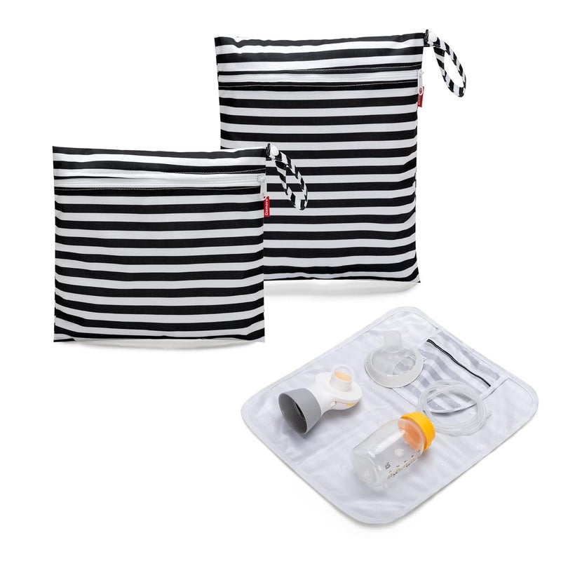 Damero Breast Pump Parts Bag, 2Pack Wet Bag for Breast Pump Parts Storage with Waterproof Mat, Black Strips - Image 1